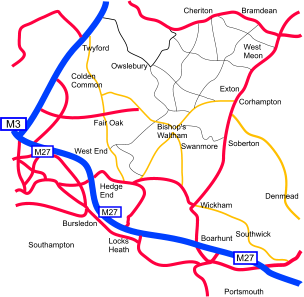 Colden Common Twyford Owslebury Cheriton Bramdean West Meon Exton Corhampton Bishop's Waltham Swanmore Soberton Denmead Southwick Boarhunt Portsmouth Wickham Hedge End Locks  Heath Bursledon Southampton Fair Oak West End M3 M27 M27 M27