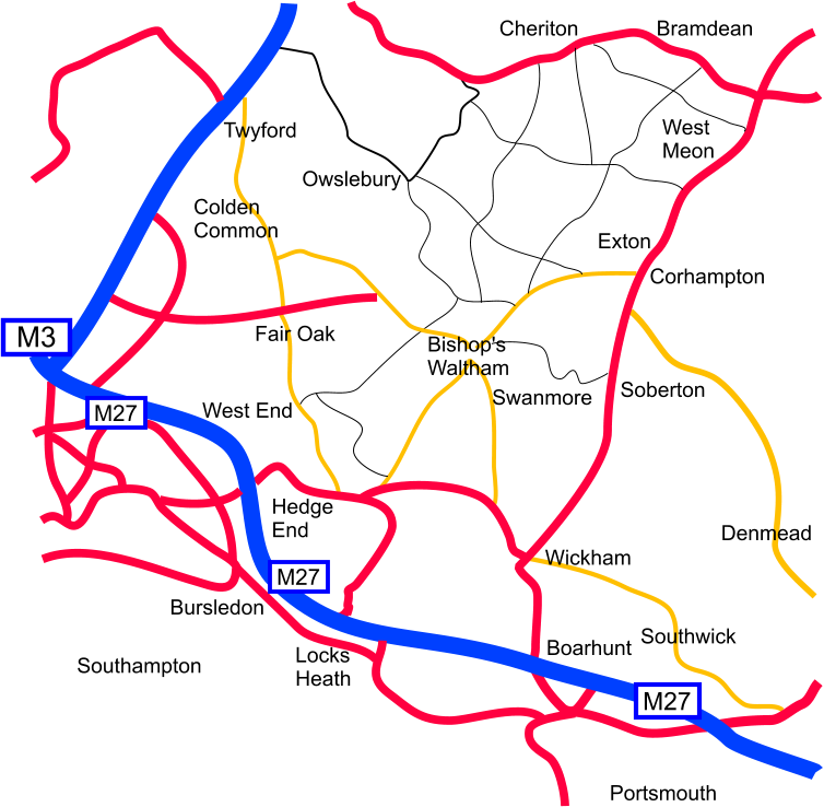 Colden Common Twyford Owslebury Cheriton Bramdean West Meon Exton Corhampton Bishop's Waltham Swanmore Soberton Denmead Southwick Boarhunt Portsmouth Wickham Hedge End Locks  Heath Bursledon Southampton Fair Oak West End M3 M27 M27 M27